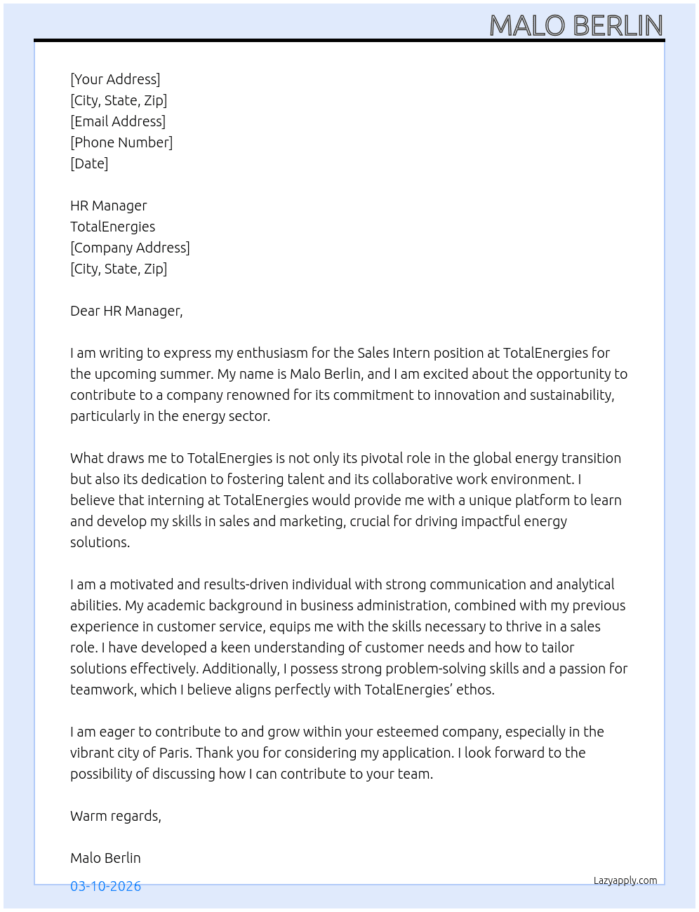 Sales intern At TotalEnergies Cover Letter