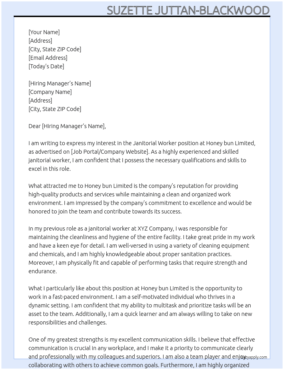 Janitorial worker At Honey bun Limited  Cover Letter