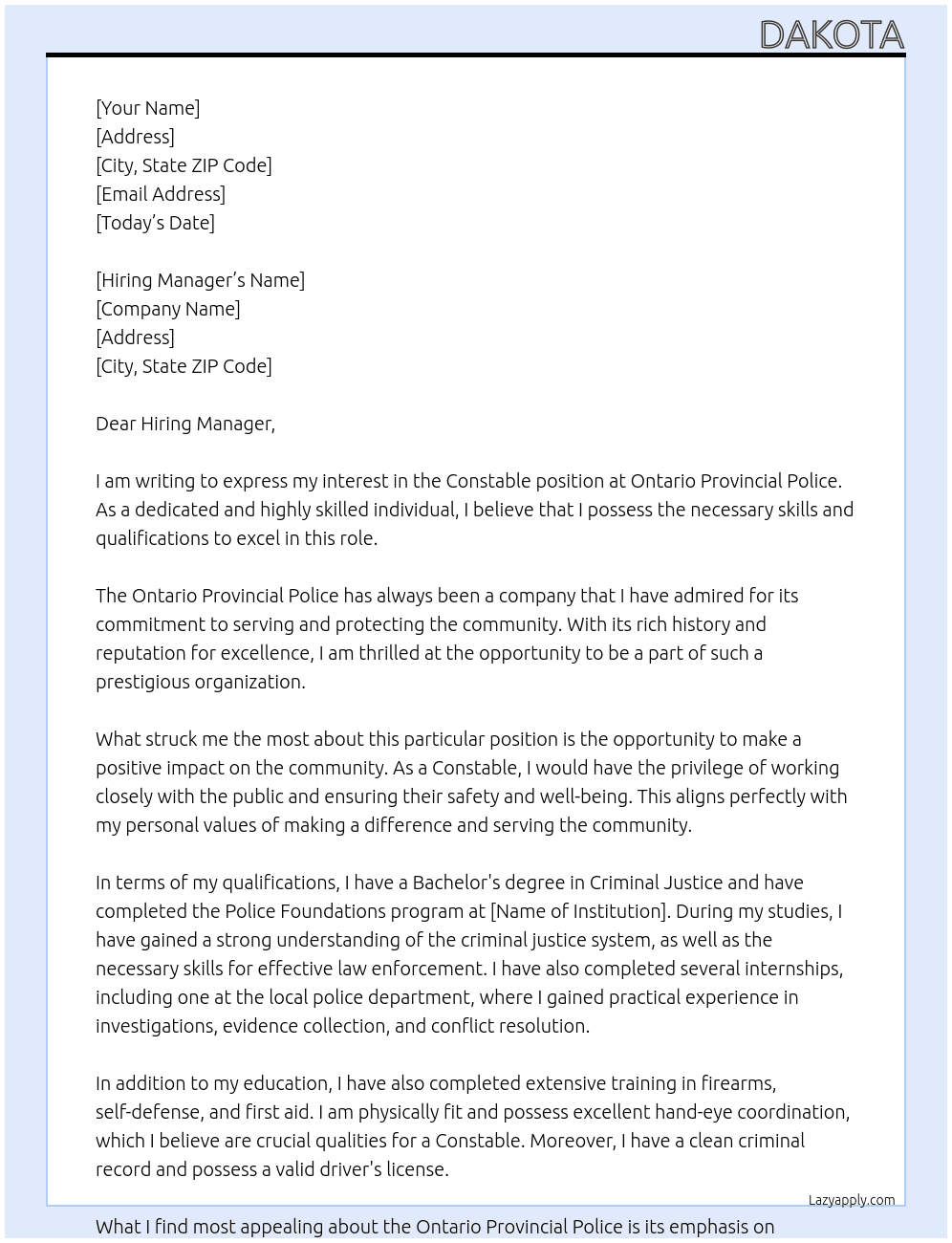 Constable At Ontario Provincial Police Cover Letter
