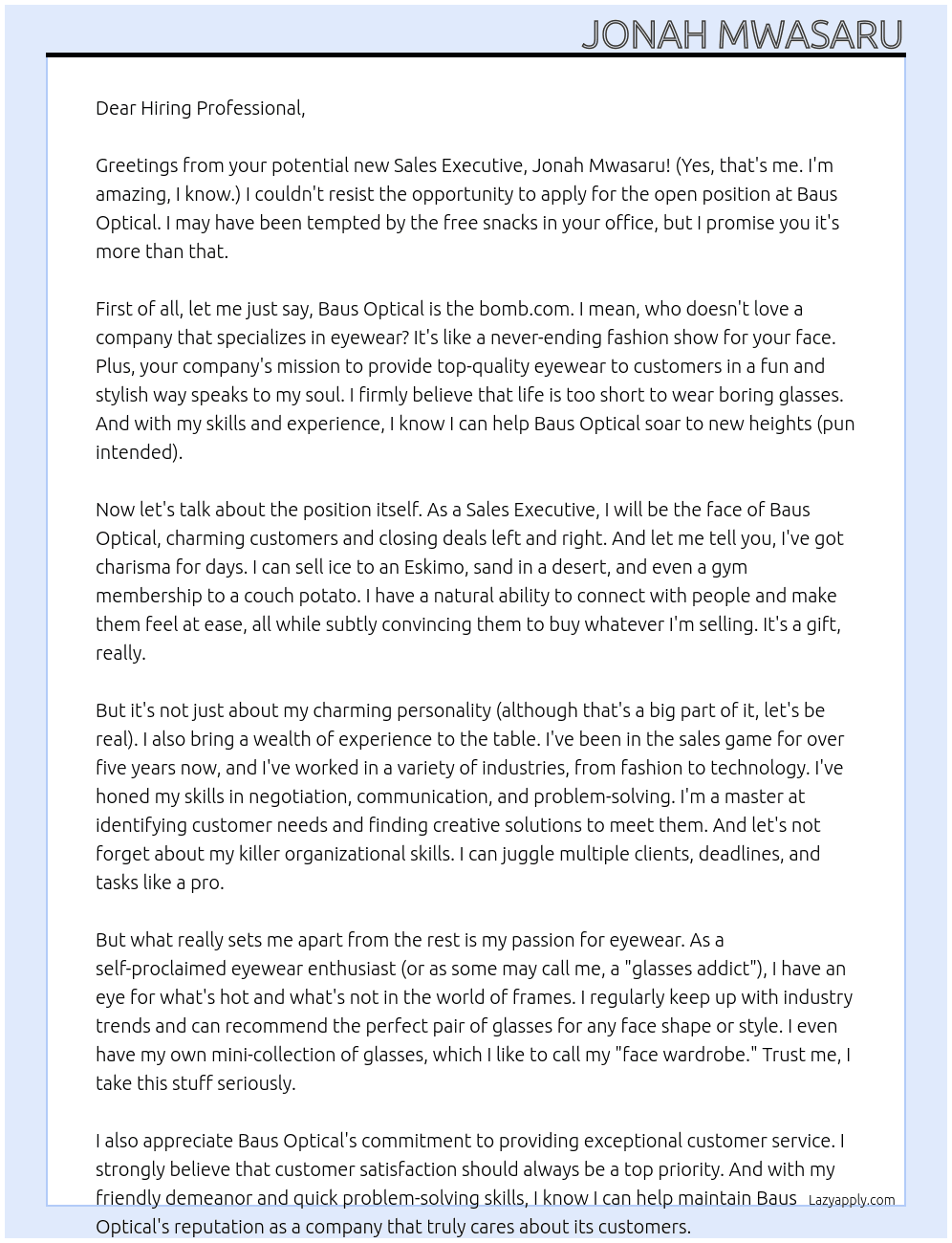 Sales executive At Baus Optical Cover Letter