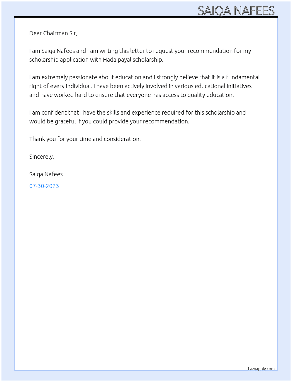 Recommendation from Chairman Sir for scholarship application  At Hada payal scholarship  Cover Letter