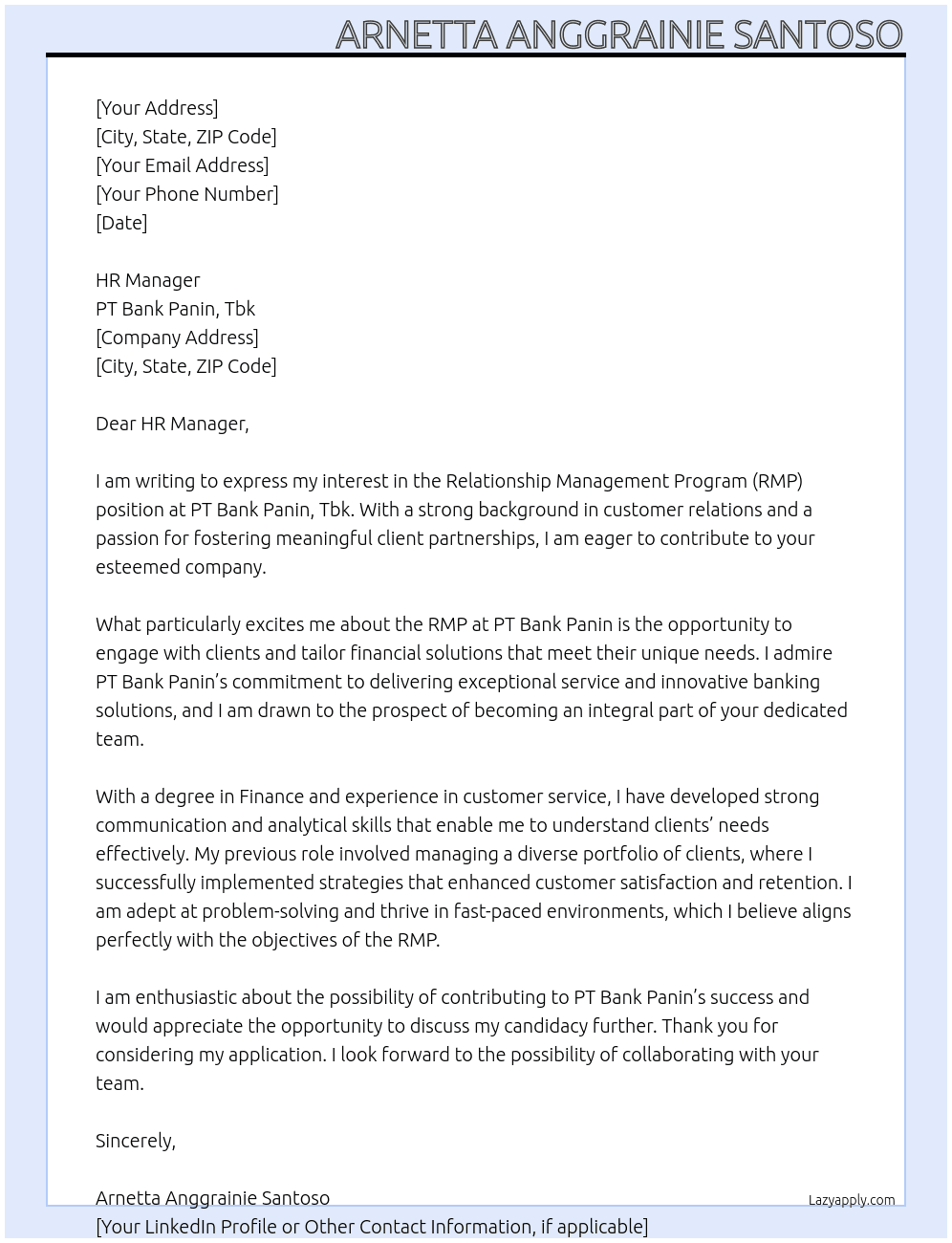 Relationship Management Program (RMP) At PT Bank Panin, Tbk Cover Letter