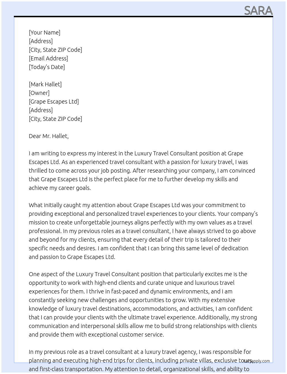 Luxury Travel Consultant At Grape Escapes Ltd Cover Letter