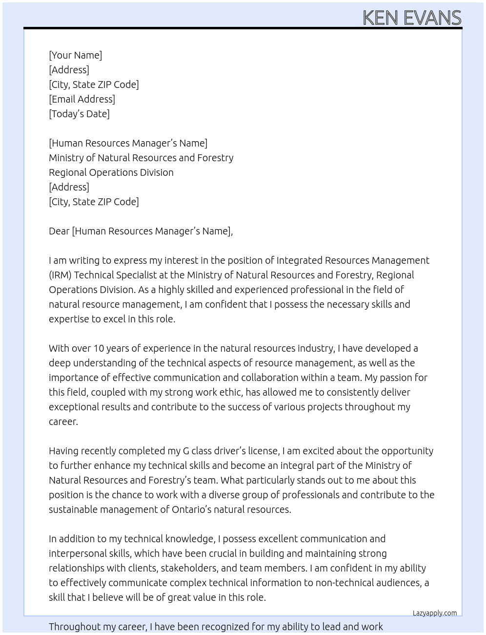 Integrated Resources Management (IRM) Technical Specialist At Ministry of Natural Resources and Forestry, Regional Operations Division Cover Letter