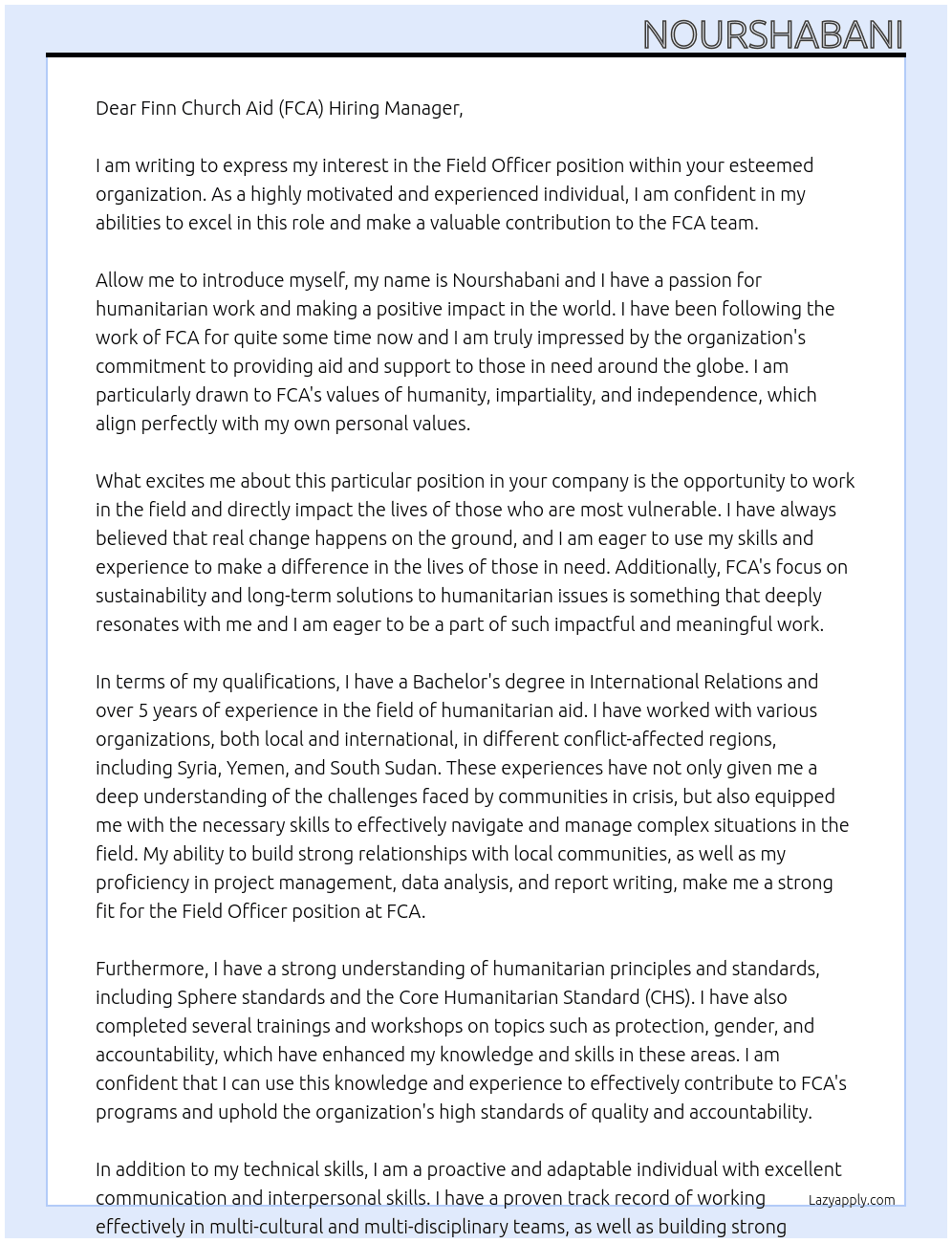 Field Officer At Finn Church Aid (FCA) Cover Letter