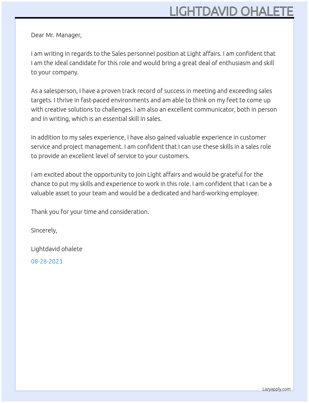 Sales personnel  At Light affairs Cover Letter