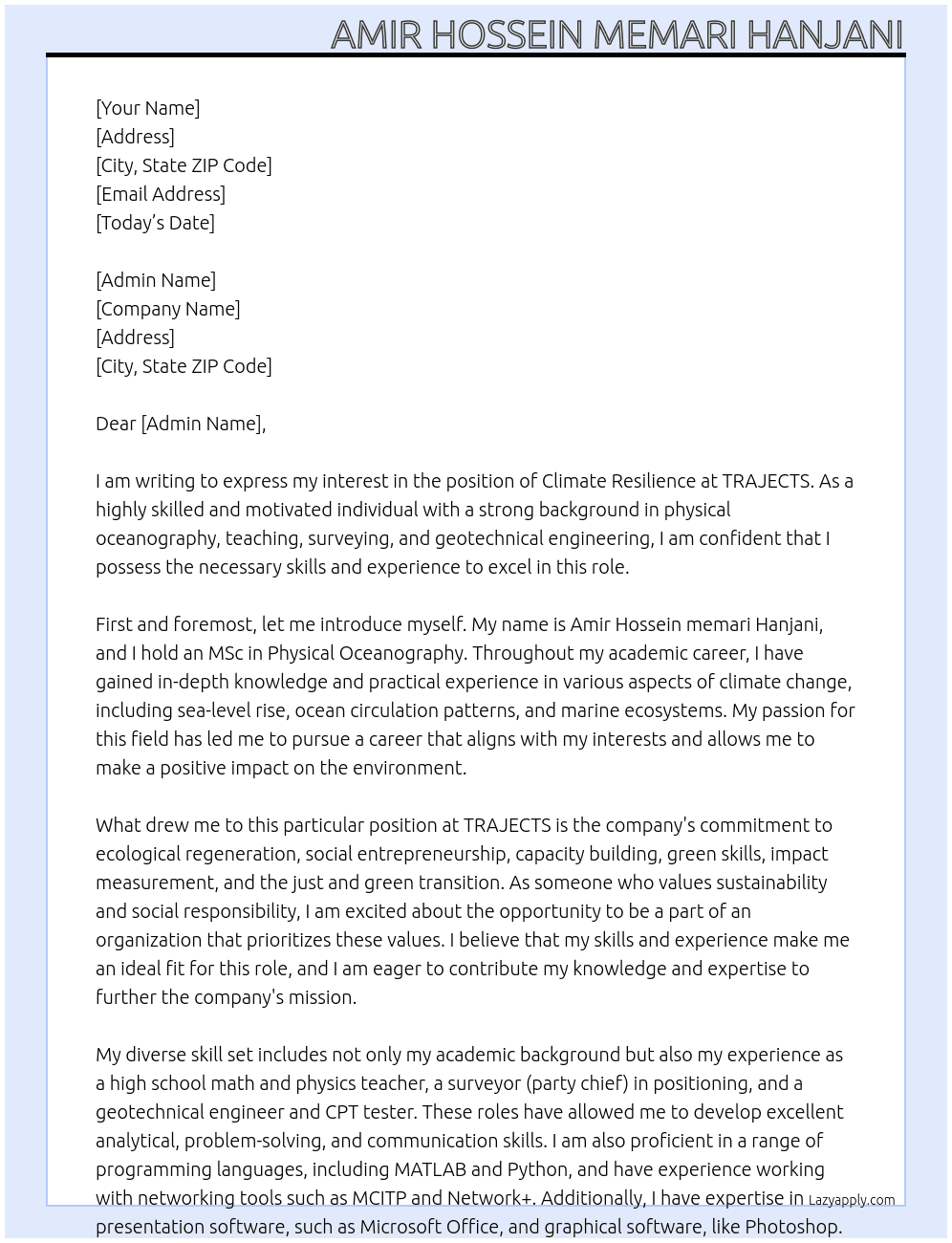 climate resilience  At TRAJECTS Cover Letter