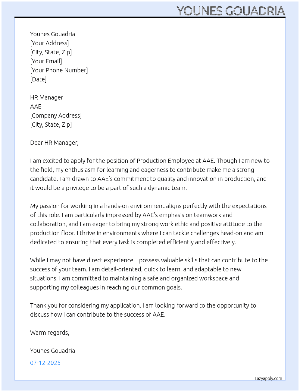 Production Employee At AAE Cover Letter