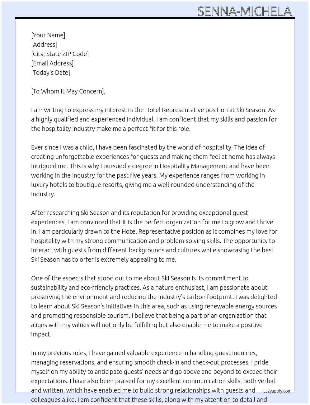 Hotel Representatives  At Ski Season Cover Letter