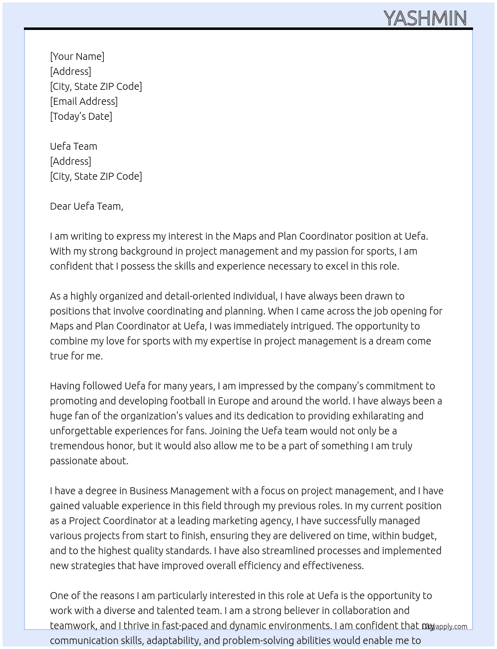Maps and plan coordinator  At UEFA  Cover Letter