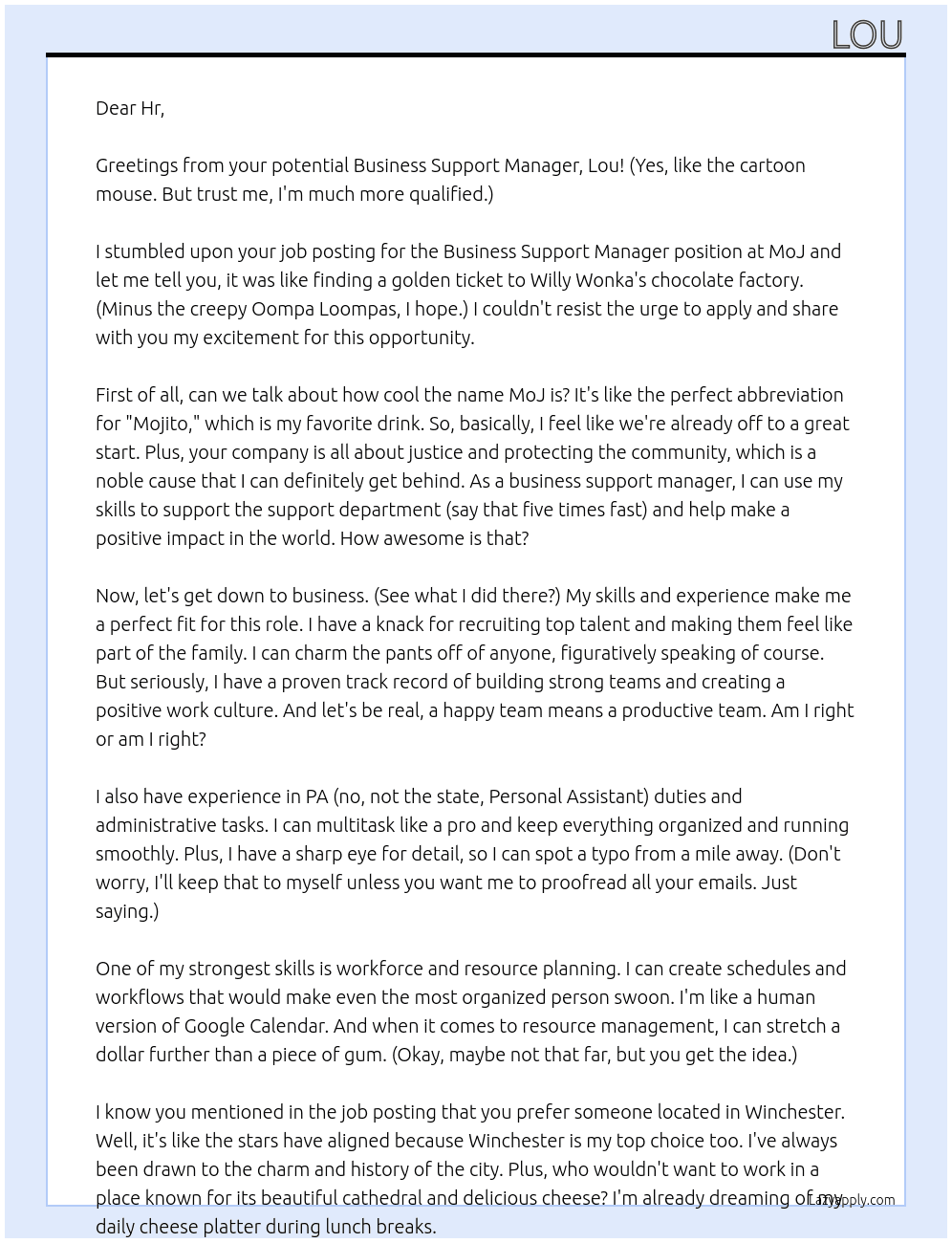 Business support manager  At MoJ Cover Letter