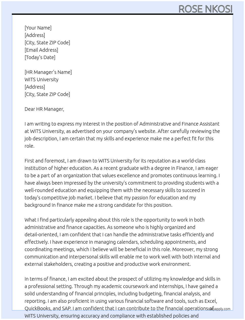 Administrative and finance assist At WITS University Cover Letter