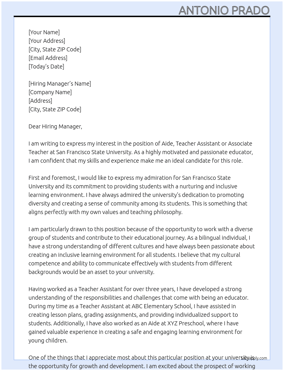 Aide, Teacher Assistant or Associate Teacher At San Francisco State University Cover Letter