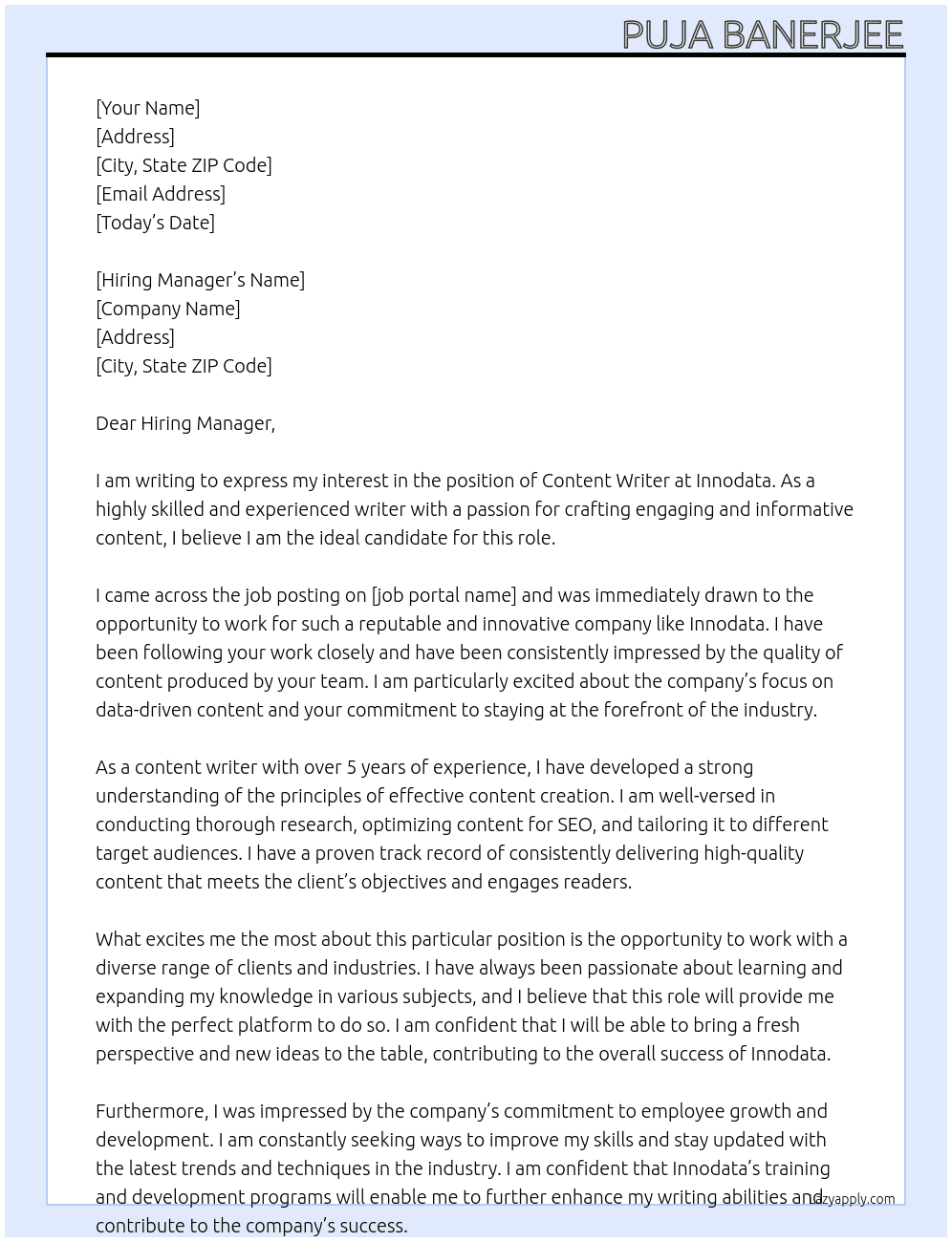 Content Writer  At Innodata Cover Letter