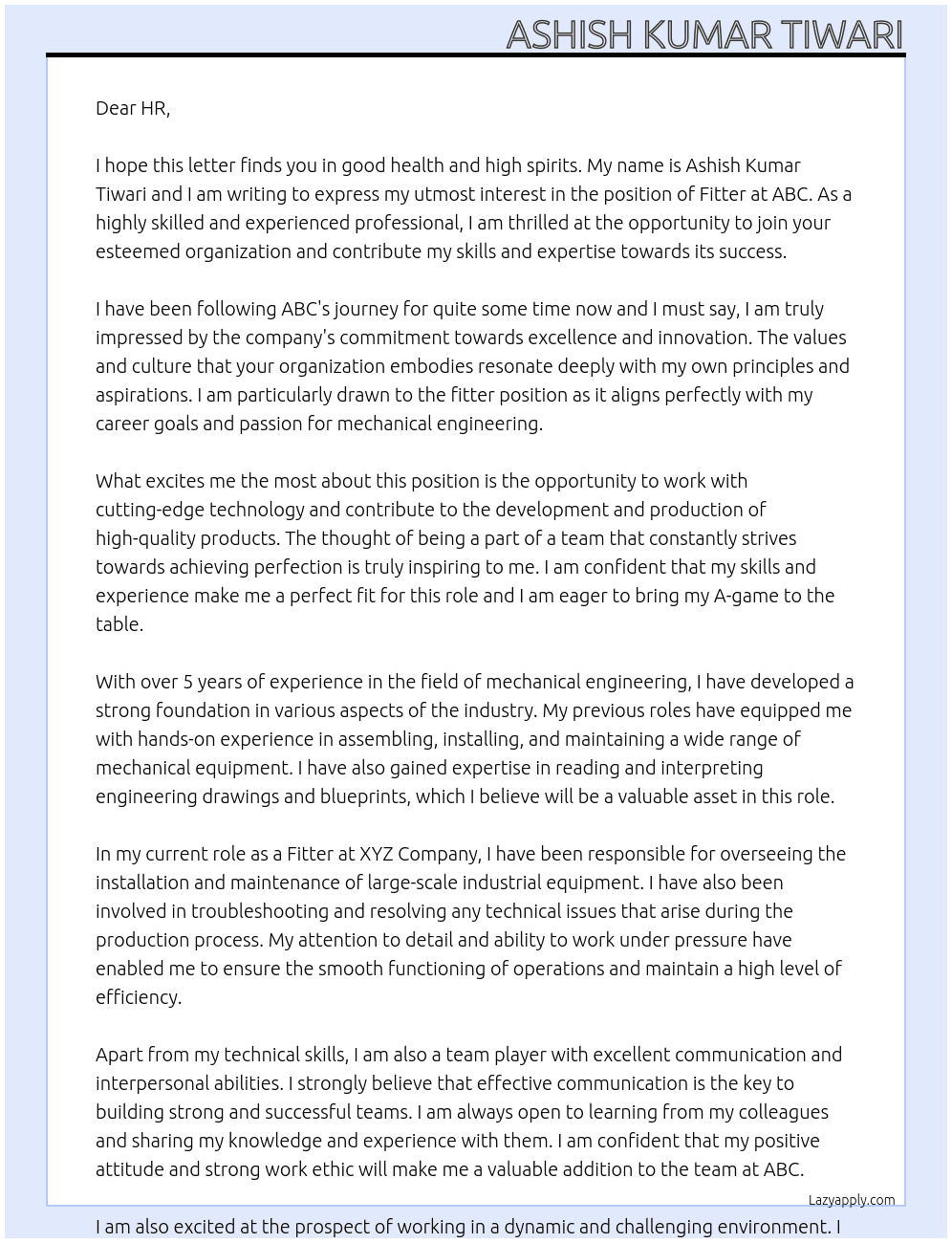  fitter  At ABC Cover Letter