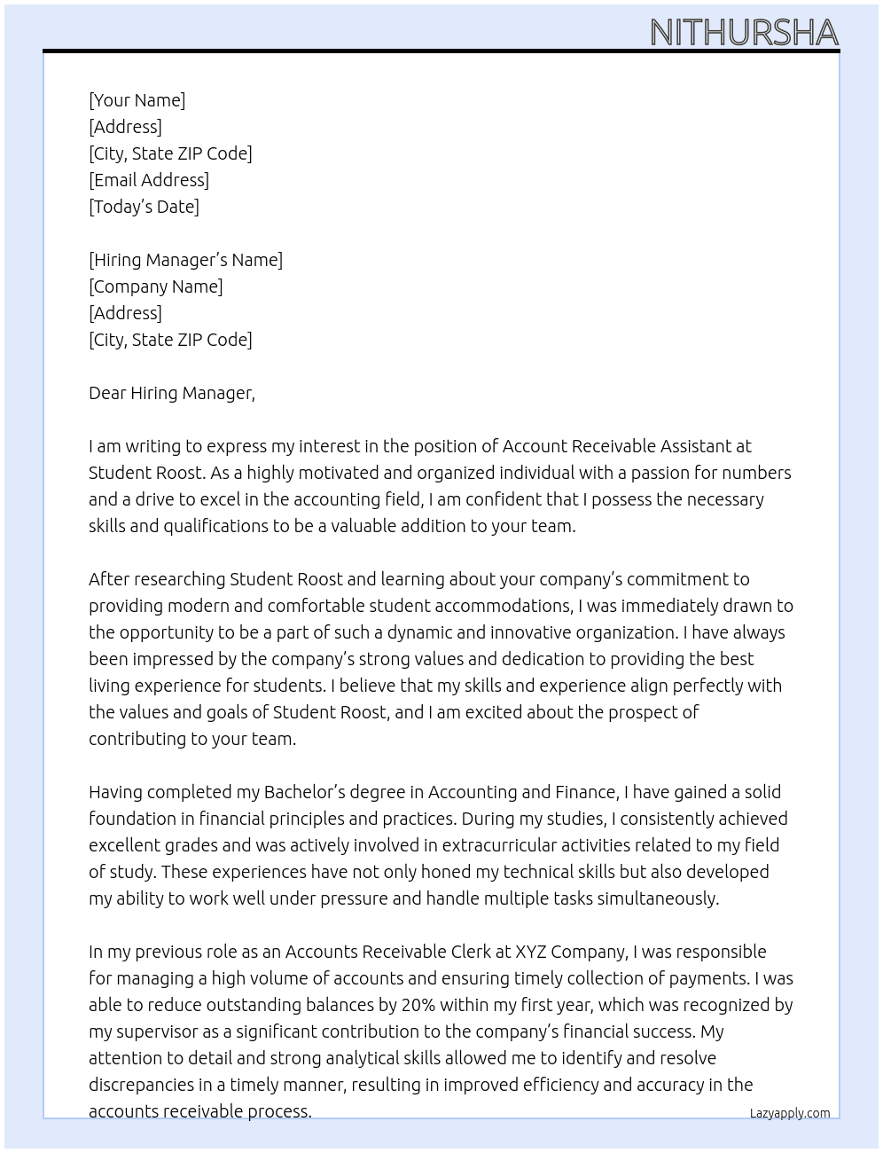 account receivable assistant At student roost Cover Letter