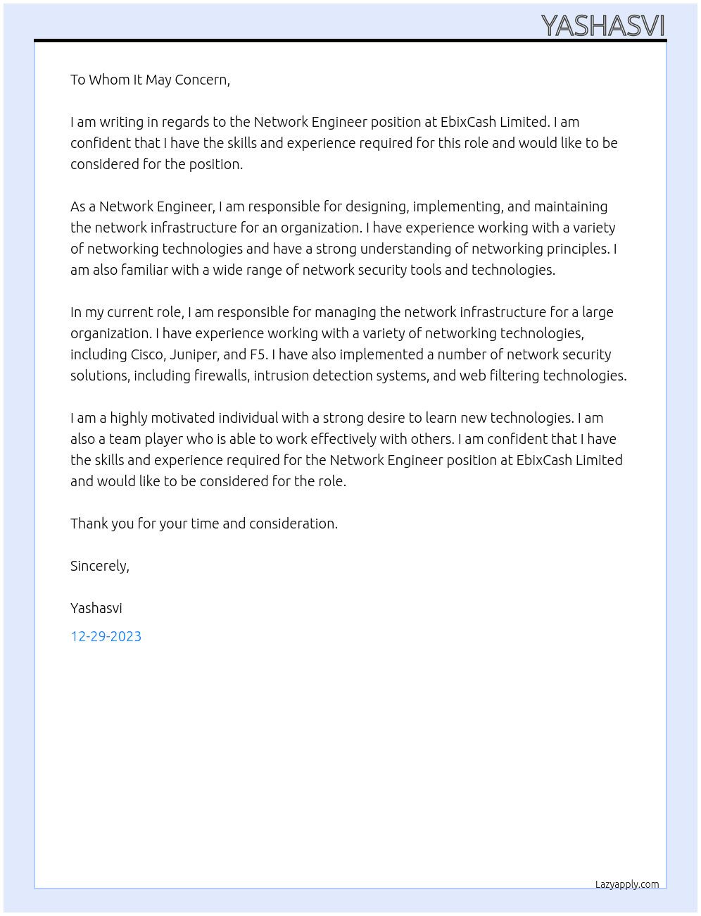 Network engineer At EbixCash Limited Cover Letter