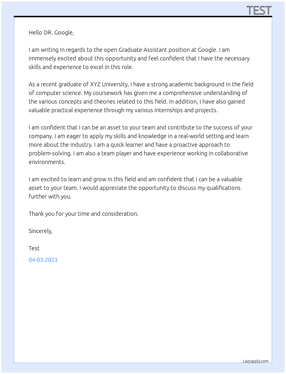 Graduate Assistant At Google Cover Letter