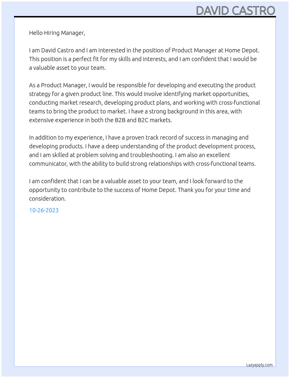 Product Manager At Home Depot Cover Letter