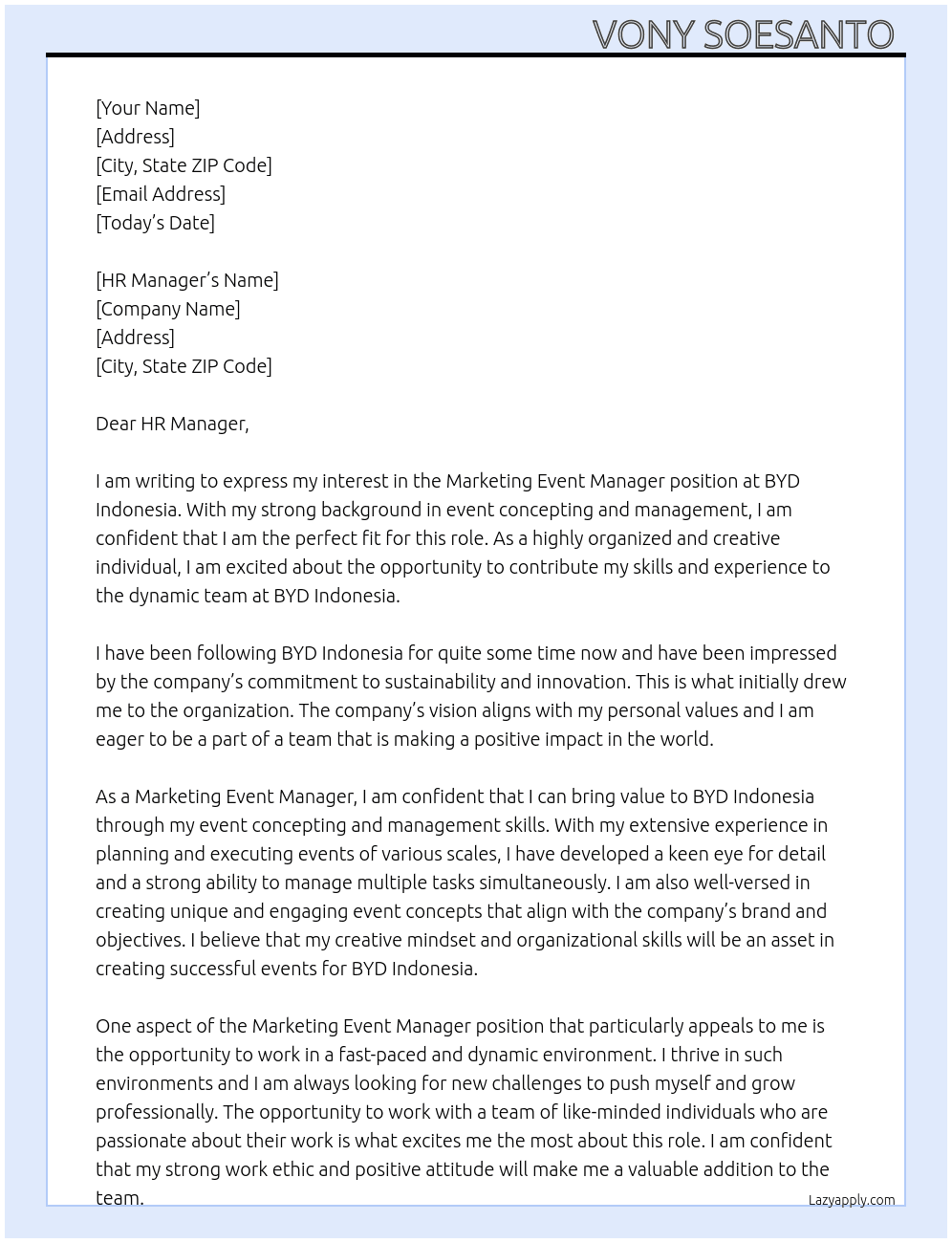 Marketing Event Manager  At BYD Indonesia  Cover Letter