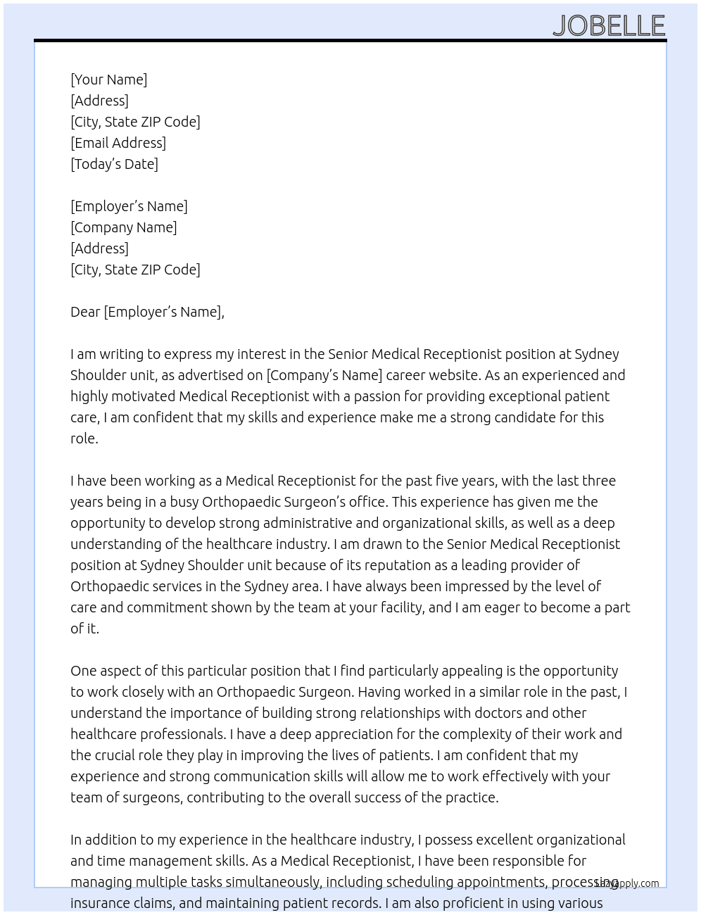 Senior Medical Receptionist – Orthopaedic Surgeon At Sydney Shoulder unit Cover Letter