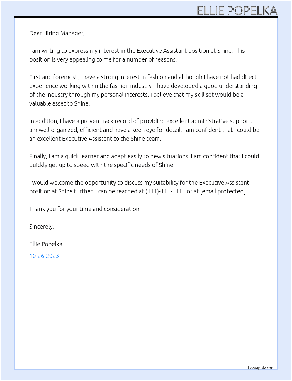 Executive Assistant At Shine Cover Letter