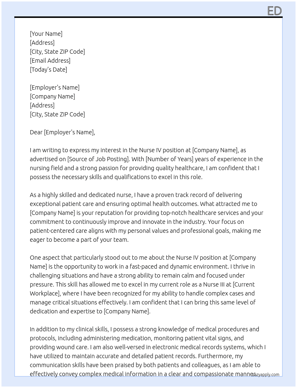 NUrse IV At fff Cover Letter