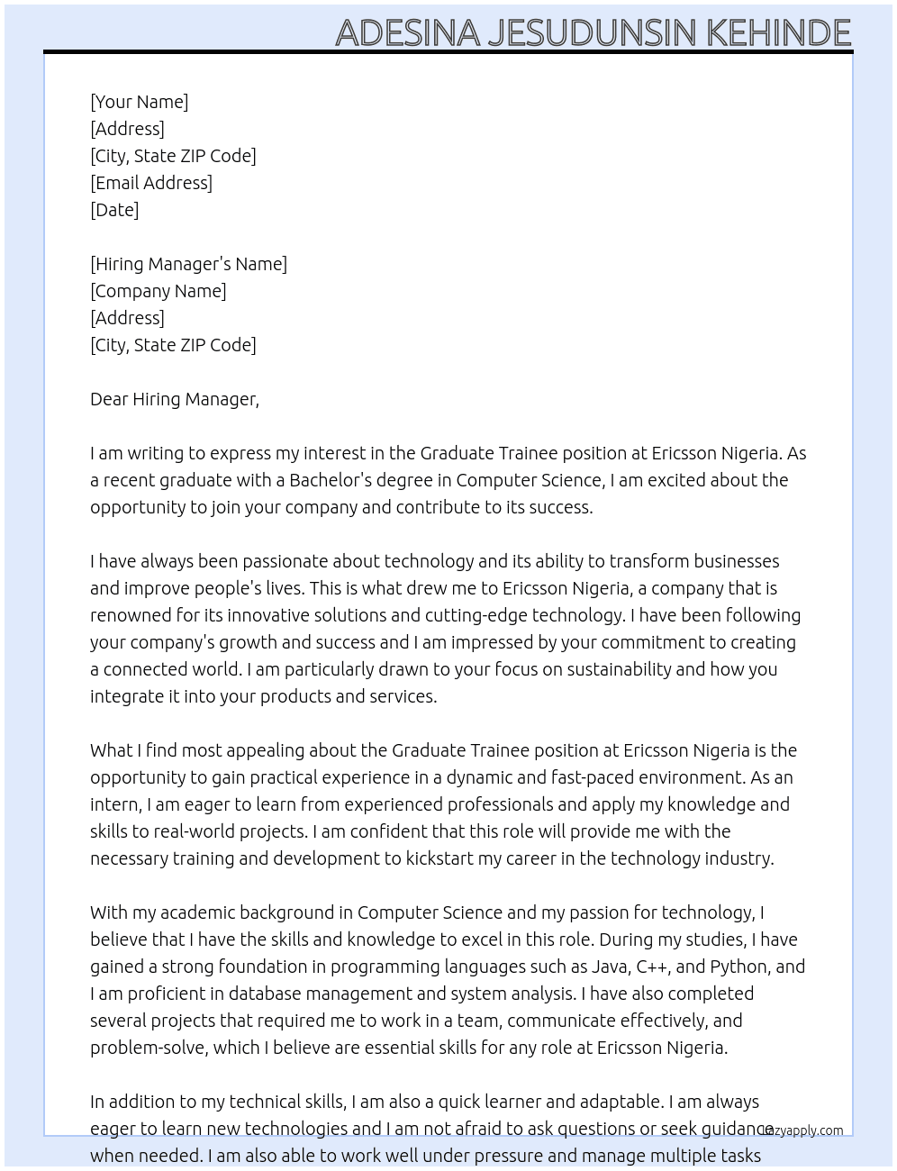 Graduate trainee  At Ericsson Nigeria  Cover Letter