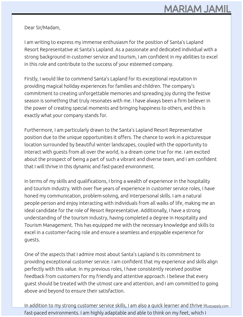 Santa;s Lapland Resort Representative At Santa's Lapland Cover Letter