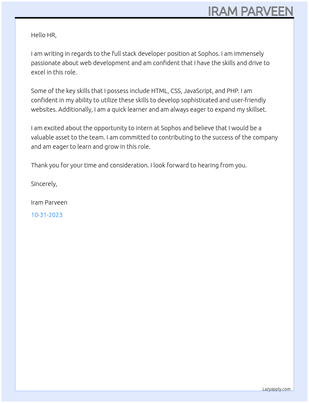 full stack developer At sophos Cover Letter