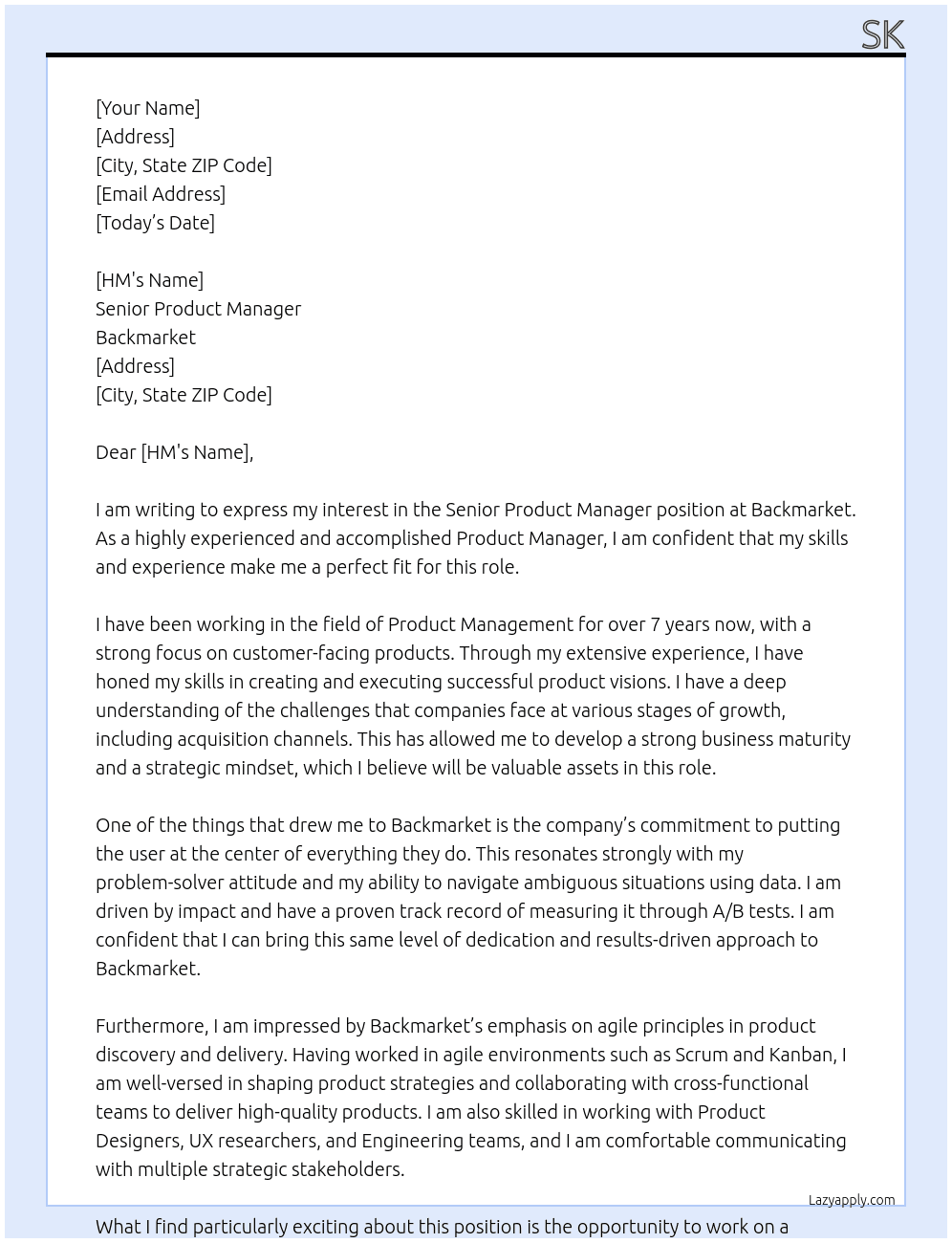 Senior Product Manager At Backmarket Cover Letter