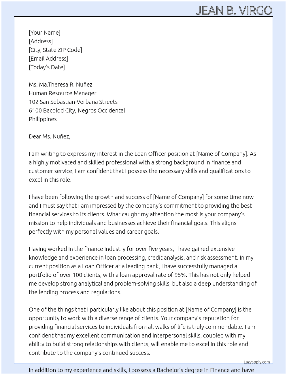 Loan Office At Jean B. Virgo Cover Letter
