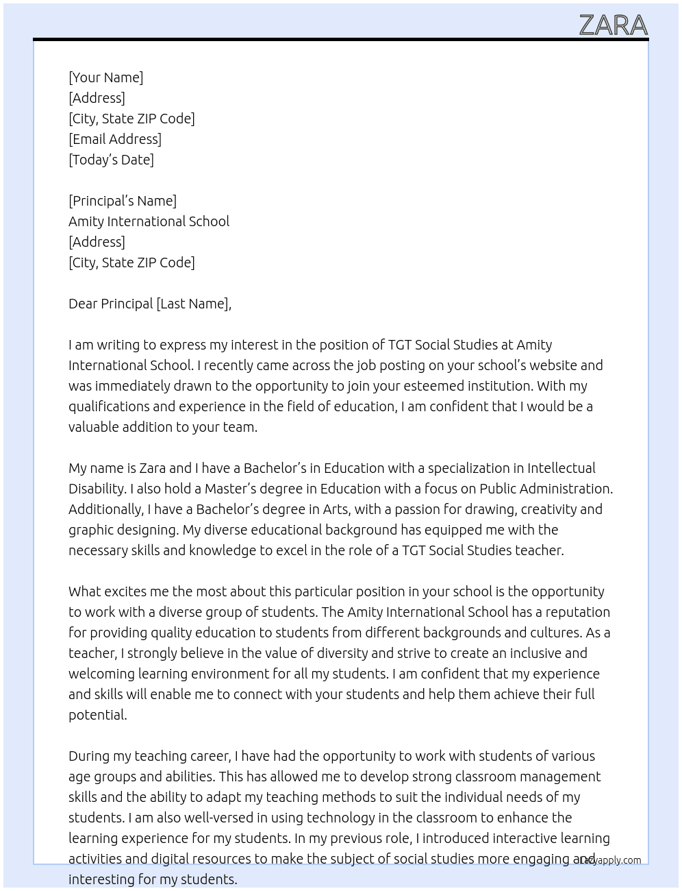 TGT social Studies At Amity international school Cover Letter