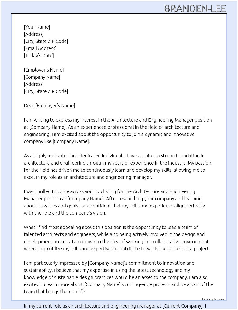 Architecture and engineering manager At ex Cover Letter