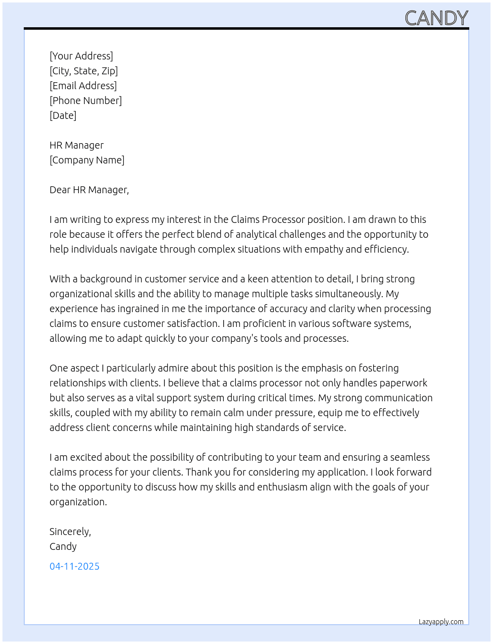 claims processor At n/a Cover Letter