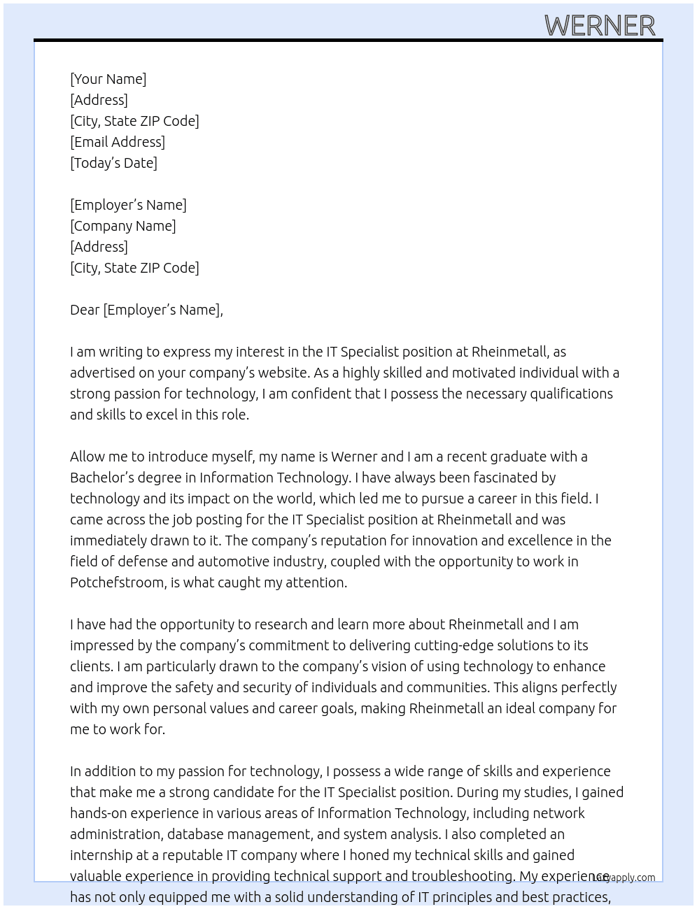 IT Specialist At Rheinmetall Cover Letter