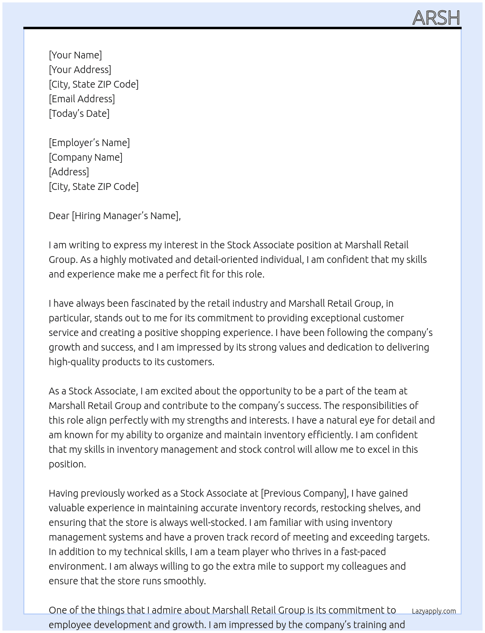 Stock Associate At Marshall Retail Group Cover Letter