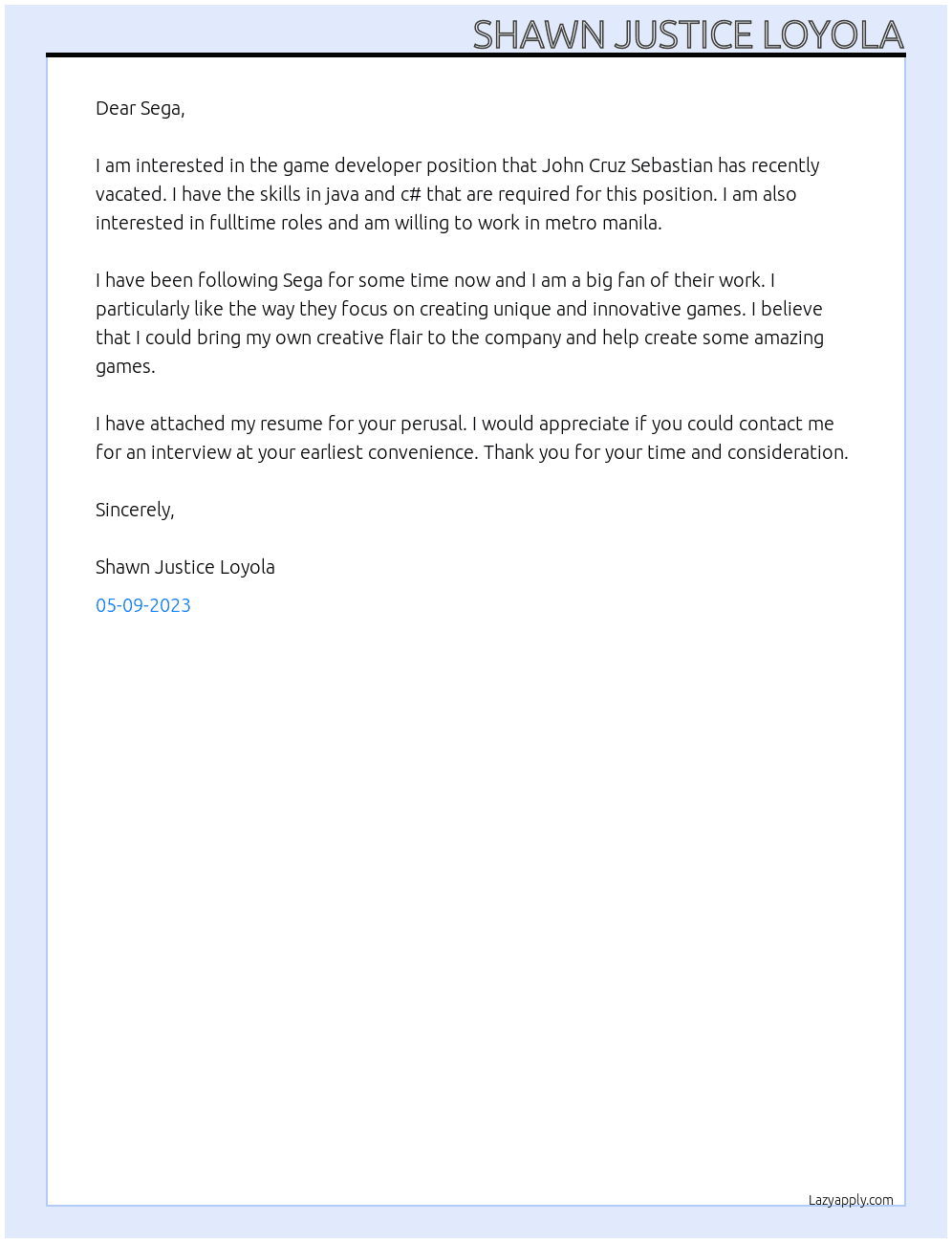 game developer At sega Cover Letter