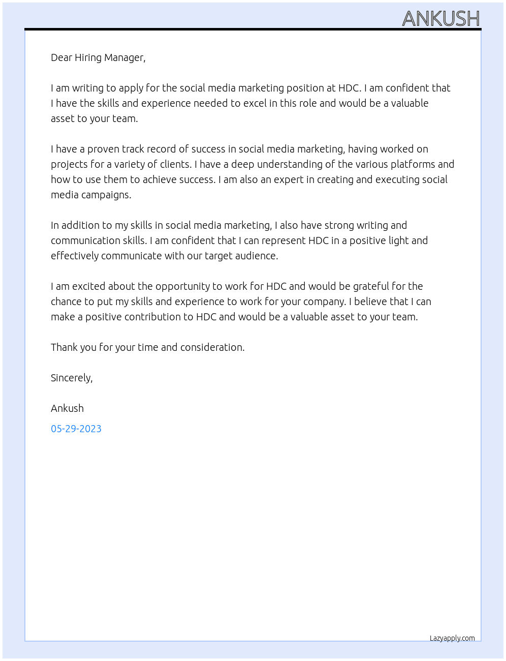 social media marketing At HDC Cover Letter