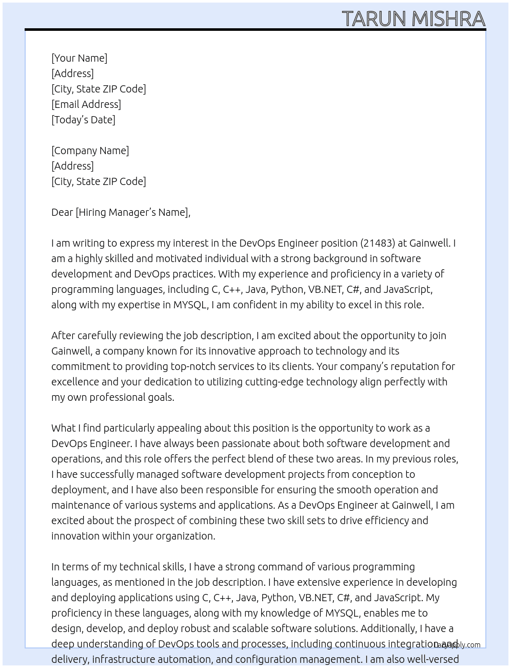 DevOps Engineer (21483) At Gainwell Cover Letter