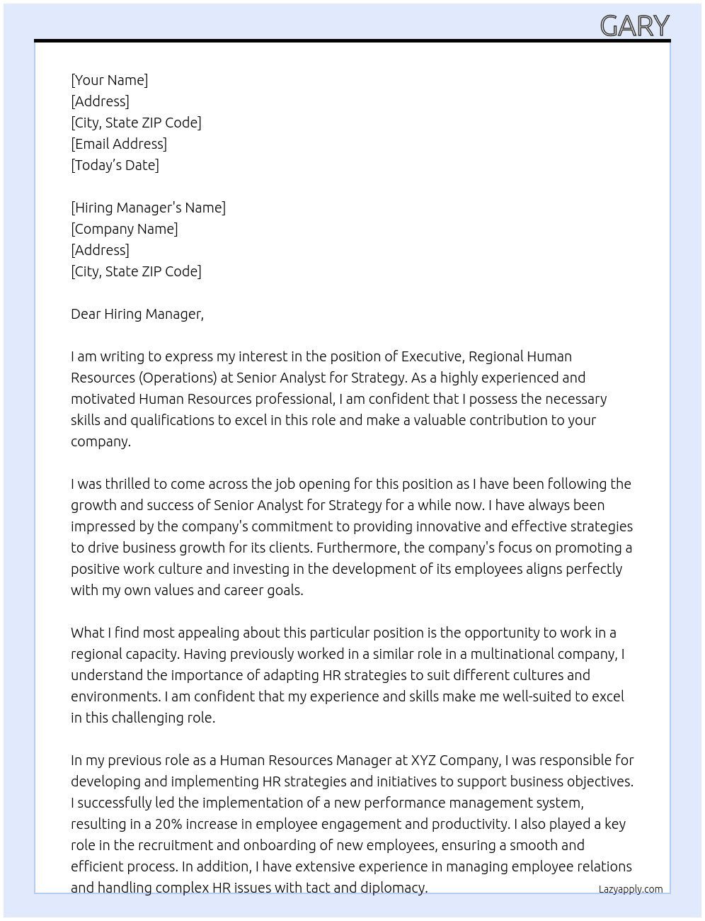 Executive, Regional Human Resources (Operations) At Senior Analyst for Strategy  Cover Letter