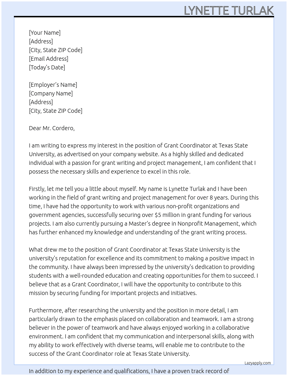 Grant Coordinator At Texas State University Cover Letter