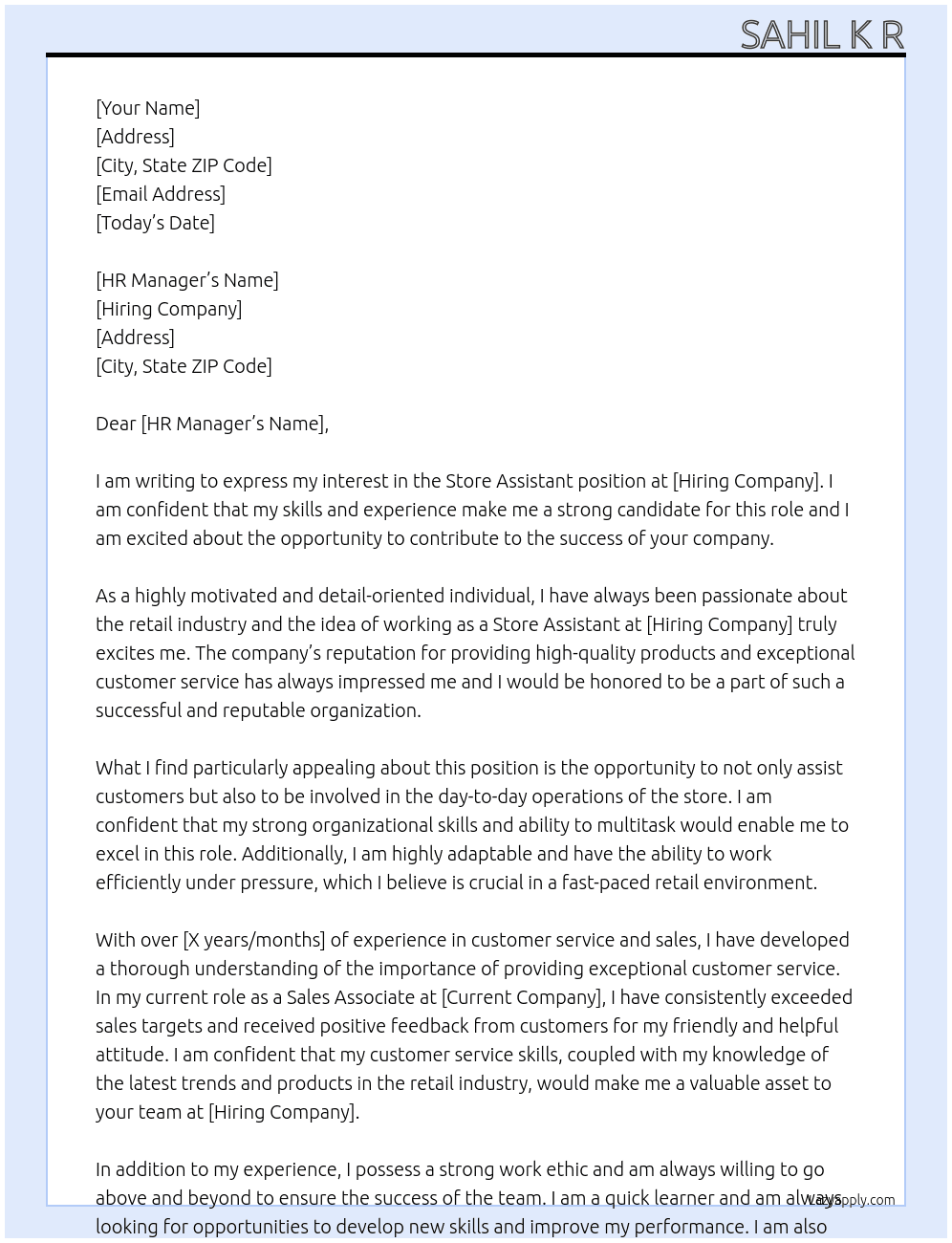Store assistant  At Hiring Cover Letter