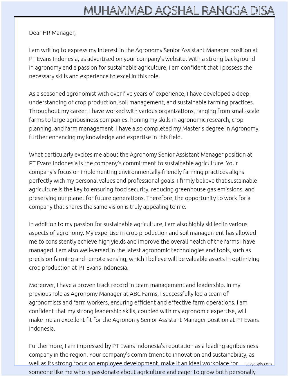 Agronomy Senior Assistant Manager At PT Evans Indonesia Cover Letter