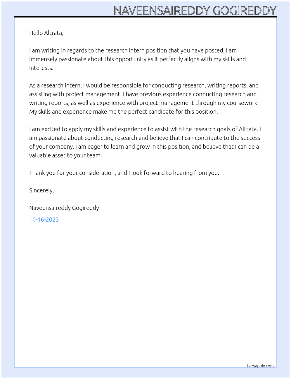 Research intern At Altrata Cover Letter