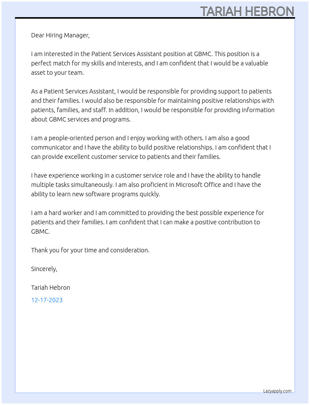 Patient Services Assistant At GBMC Cover Letter