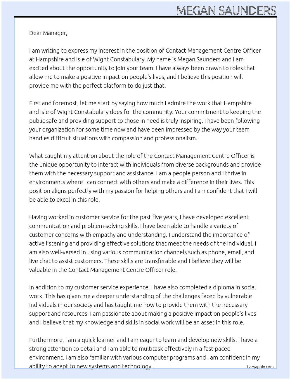 Contact Management Centre Officer At Hampshire and Isle of Wight Constabulary Cover Letter