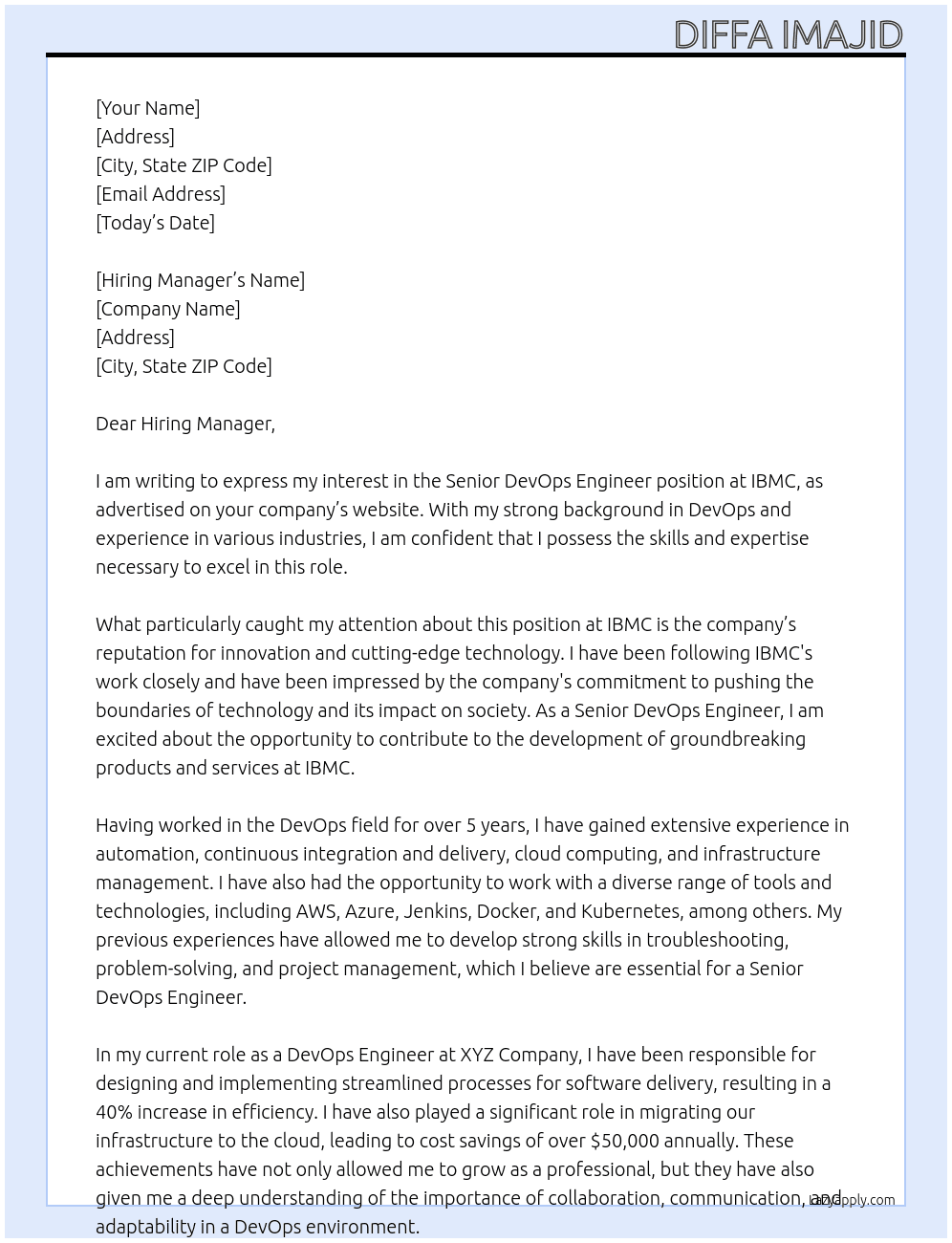 Senior DevOps Engineer At IBMC Cover Letter