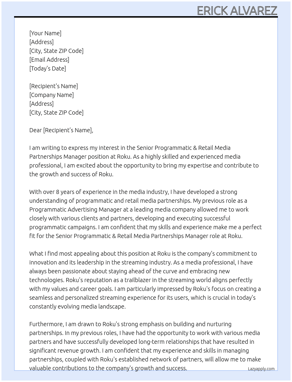 Senior Programmatic & Retail Media Partnerships Manager At Roku Cover Letter
