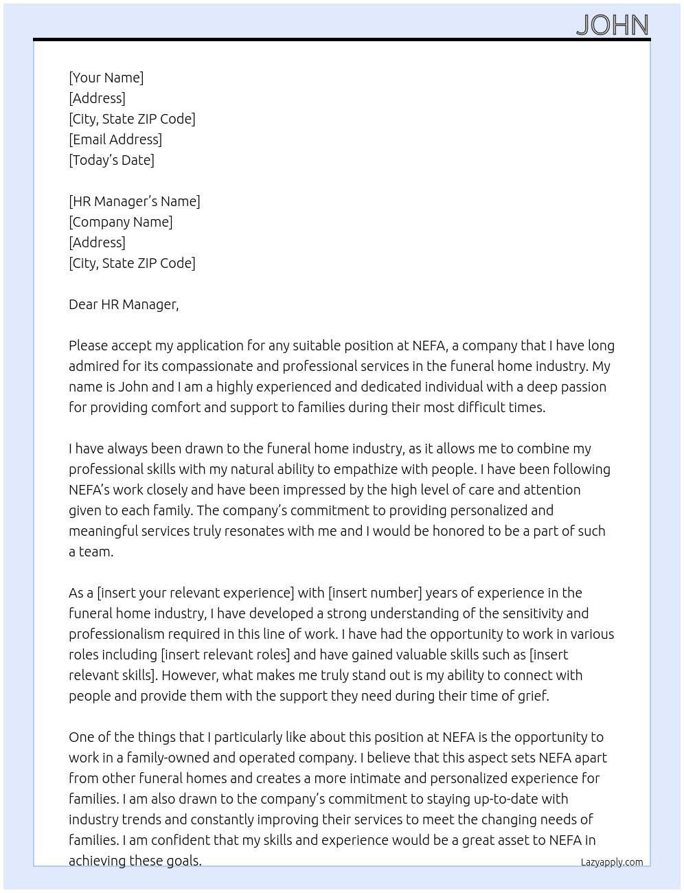 Any suitable position at funeral home At NEFA Cover Letter